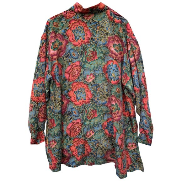 Vtg Express Silk Tunic Top Womens Medium Floral Colorful Long Sleeve Bold 90s - Picture 3 of 5